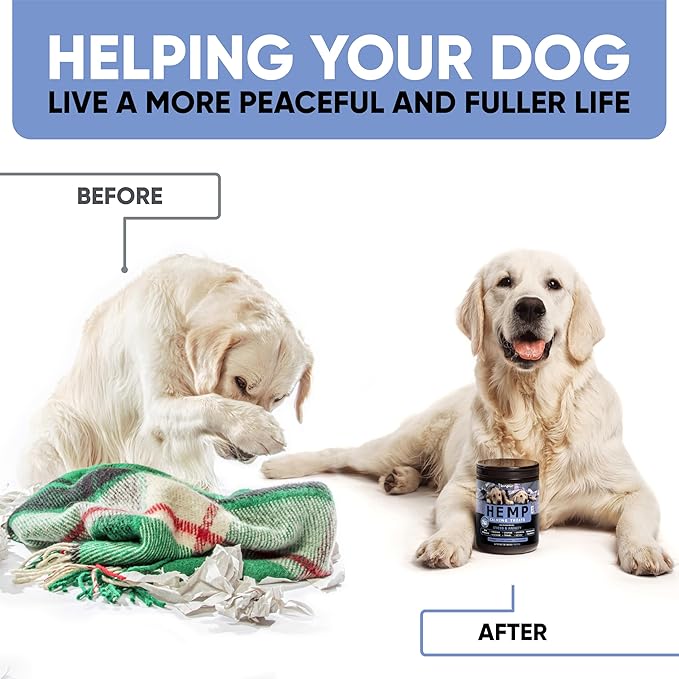 Kinpur Pet Care Calming Chews for Dogs with Hemp Oil - Aid During Thunderstorms, Separation, Car Rides - Hip and Joint Health - Tasty Dog Calming Treats, 180 Peanut Butter Flavored Chews