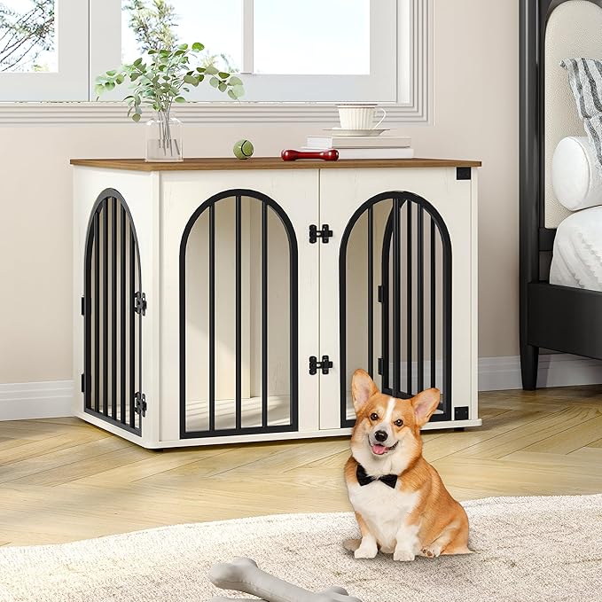 31.5'' Wooden Dog Crate Furniture TV Stand, Indoor Dog Kennel for Small/Medium Dogs, End Side Table Dog Crates, Anti-Chew, Anti-Escape, Arched Door Design, White Brown DFC85114B