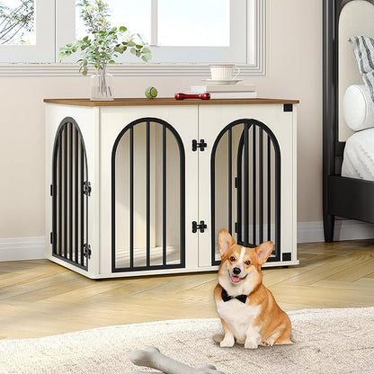 31.5'' Wooden Dog Crate Furniture TV Stand, Indoor Dog Kennel for Small/Medium Dogs, End Side Table Dog Crates, Anti-Chew, Anti-Escape, Arched Door Design, White Brown DFC85114B