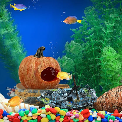 POPETPOP Fish Tank Resin Habitat Pumpkin Cave Hide-Out Small Aquarium Décor Ornaments - Fat Pumpkin