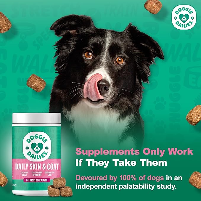 Doggie Dailies Skin & Coat Supplement Support, Salmon Oil for Dogs Skin and Coat with Collagen, Omega 3, Krill Oil, Biotin, & Coconut Oil for Dogs (Duck) 225 Soft Chews