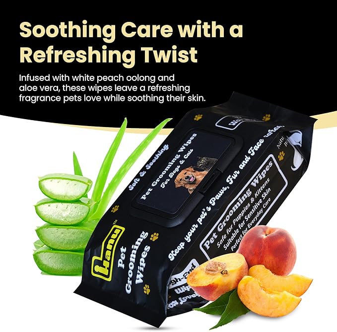 Hanu Pet Wipes for Dogs and Cats, Hypoallergenic, Cleans Tear Stains, Itching Relief, for face,Paws, Body and Butt, Peach Oolong