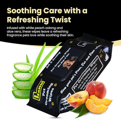 Hanu Pet Wipes for Dogs and Cats, Hypoallergenic, Cleans Tear Stains, Itching Relief, for face,Paws, Body and Butt, Peach Oolong