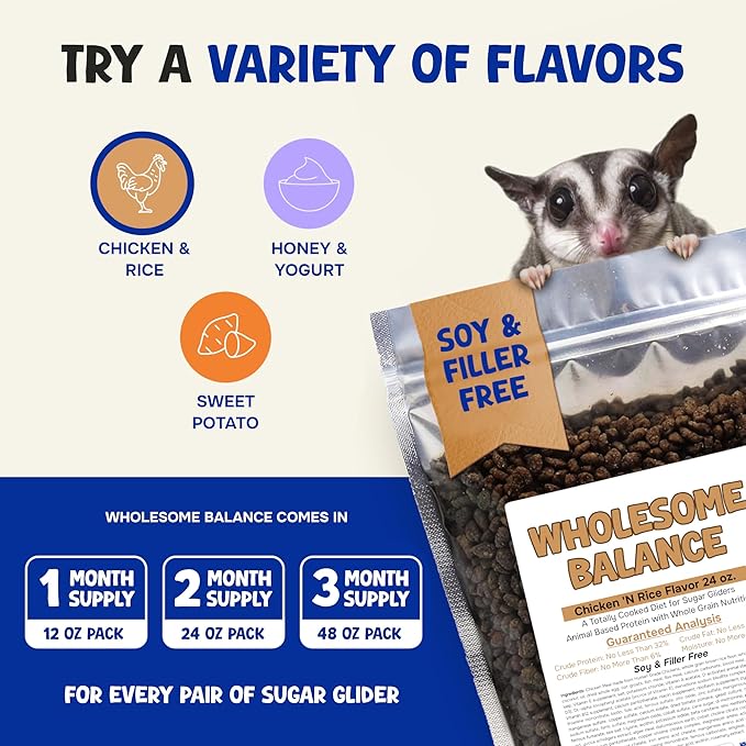 Wholesome Balance Sugar Glider Food - Chicken & Rice | 3 lbs of Premium Dense Food for Sugar Gliders and Small Animals - 4 Months Supply
