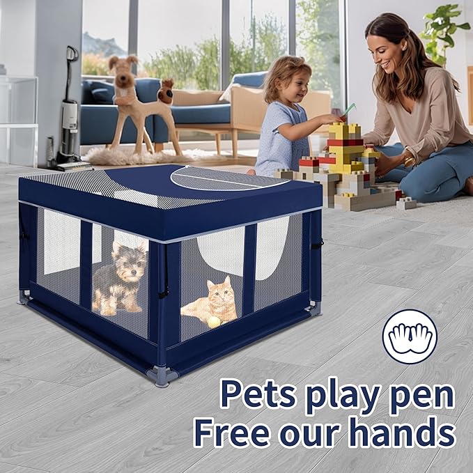 Dog Kitten Playpen with Play Pen Cover for Cat Indoor, 42x42 x25.5 Puppy Playpen for Small Pet with See-Through Topper Proof Enclosed Door Dog Pen, Sturdy Warm Protable Playpen Pen for Cat