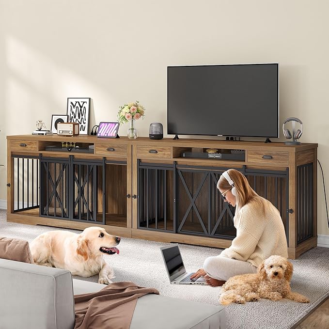 YITAHOME 63 Inch Double Dog Crate TV Stand with Charging Station, Heavy Duty Wooden Dog Crate Furniture for 2 Dogs, Dog Kennel Indoor Furniture Double Sliding Barn Door Design Ideal for 2 Dogs, Oak