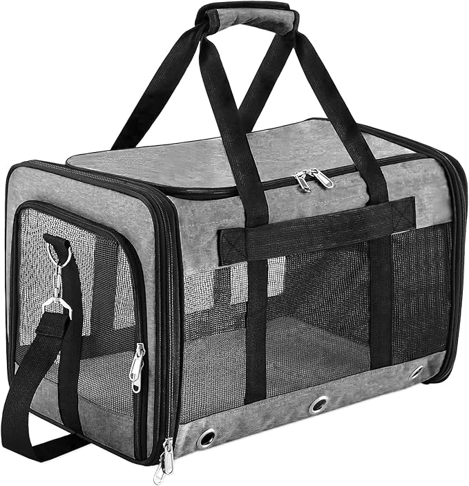 Soft Sided Cat/Dog Carrier,Collapsible Pets Travel Carriers for Pet/Puppy with Shoulder Strap & Removable Mat,Mesh Top Load Small Dogs/Cats Carry Bag Up to 17 Lbs TSA Airline Approved（Grey,M）