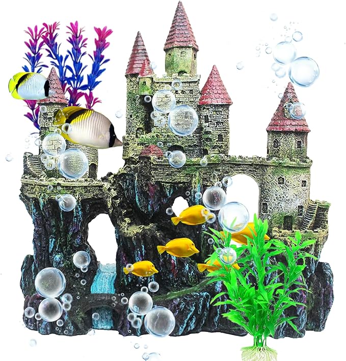 Aquarium Castle Decorations,Resin Castle for Fish Tank with Randomly Color Plants Decor Accessories for Freshwater and Saltwater Fish Tanks (Red)