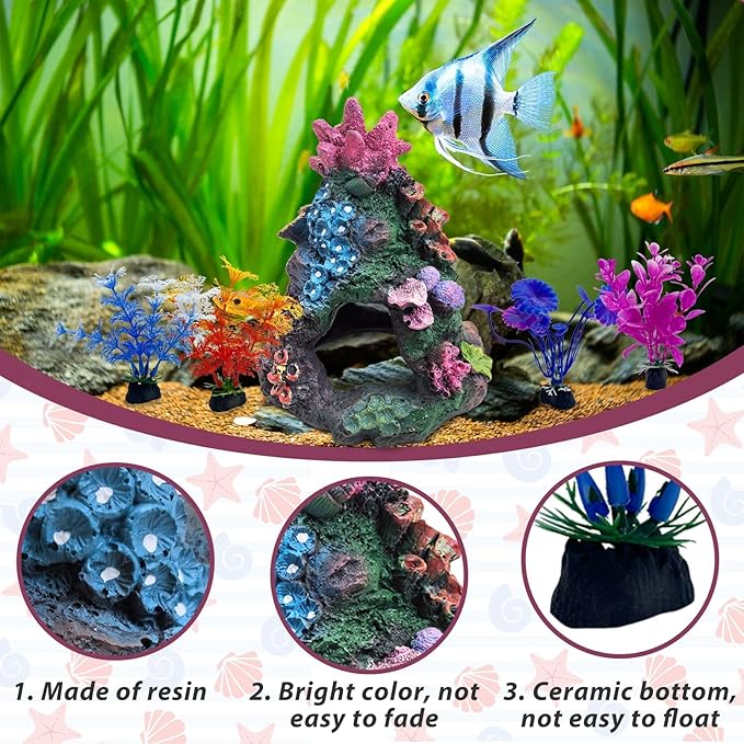 PINVNBY 5 PCS Colorful Coral Fish Tank Decorations, Resin Mountain Ornament and Artificial Plastic Plant for Goldfish Betta Fish Cave Hideout Sleep Rest Play Breed