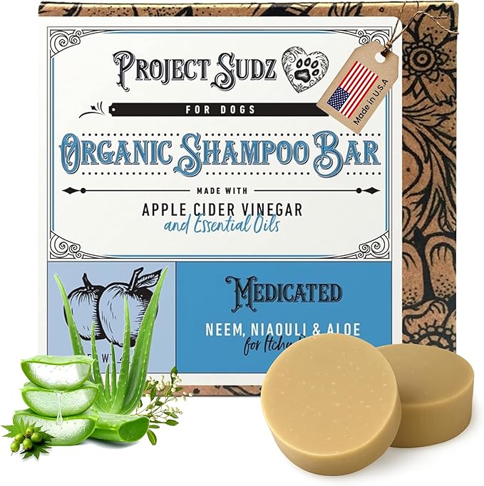 Medicated Organic Dog Shampoo Bar for Hot Spots, Dry Coat, and Allergies, All Natural Dog Shampoo with Neem, Aloe, and ACV, Eco-Friendly, Vet Recommended, 2 Bars for Sensitive Skin Relief