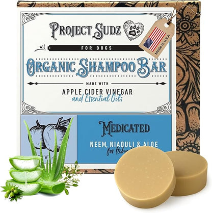Medicated Organic Dog Shampoo Bar for Hot Spots, Dry Coat, and Allergies, All Natural Dog Shampoo with Neem, Aloe, and ACV, Eco-Friendly, Vet Recommended, 1 Bar for Sensitive Skin Relief