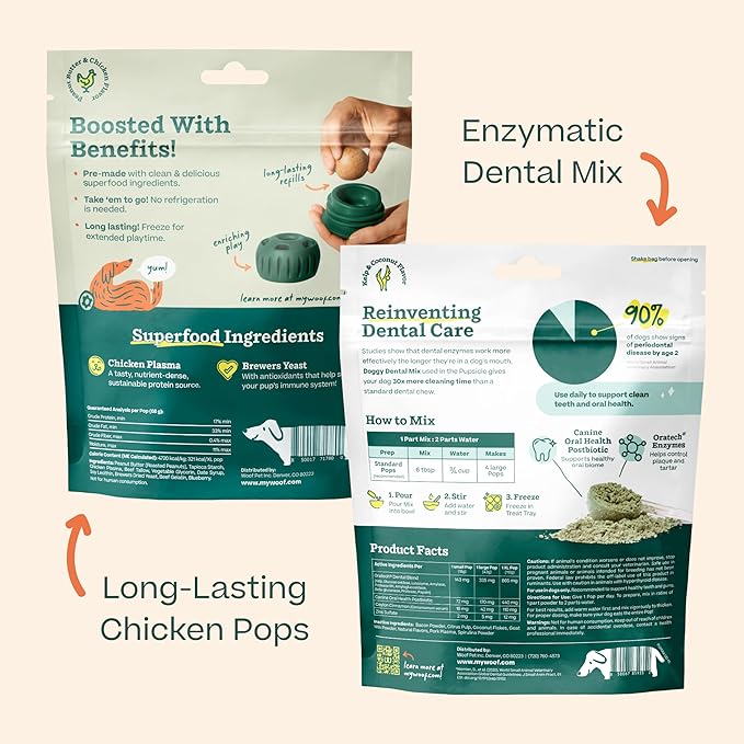 WOOF Dental Kit- Includes Pupsicle Dog Toy, Treat Tray, Shaker Bottle, Chicken Pupsicle Pops, and Dog Teeth Cleaning Powder - Supports Oral Health for Dogs - Small