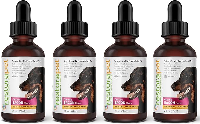 RestoraPet 4-Pack Dog & Cat Bacon Liquid Multivitamin | Dog Arthritis Pain Relief | Hip & Joint Vitamins for Dogs - Anti Inflammatory Supplement for Dogs & Cats | Organic & Non-GMO, Vet Approved