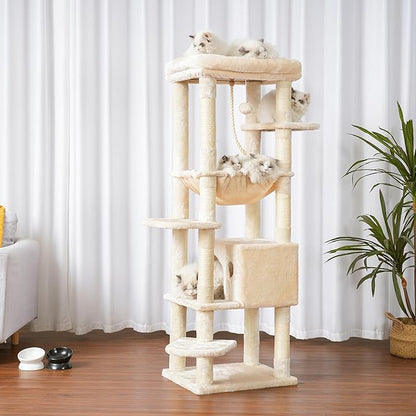 Heybly Cat Tree for Large Cats 20lbs Heavy Duty,60 inches XXL Cat Tower for Indoor Cats, Multi-Level Furniture Condo with Big Padded Plush Perch, Cozy Basket, Beige HCT050M