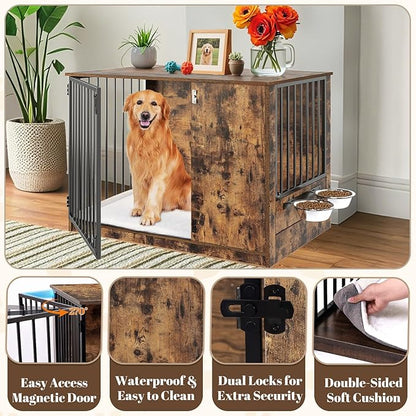 Dog Crate Furniture for Large Dogs, 36" Indoor Wooden Dog Kennel with 270° Swivel Door, 360° Rotating Feeder, Decorative Heavy Duty Dog House with Double Locks & Bowls, Rustic Brown