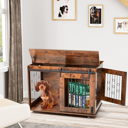 2 Rooms Dog Crate Furniture with Movable Divider,39" Wooden Dog Crate Table,Wooden Dog Kennel Pet House Cage,Flip Top 39.37_x25.2_x28.94_