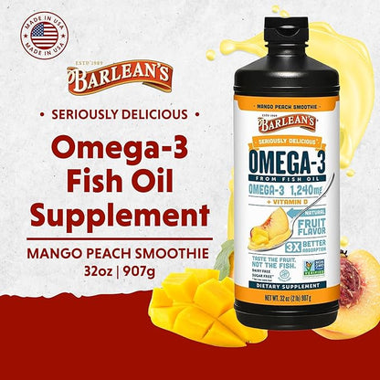 Barlean's Mango Peach Omega 3 Fish Oil Liquid Supplement with Vitamin D, 1080mg EPA & DHA Fatty Acid, Smoothie Flavored & Burpless for Brain, Joint, & Heart Health, 32 oz