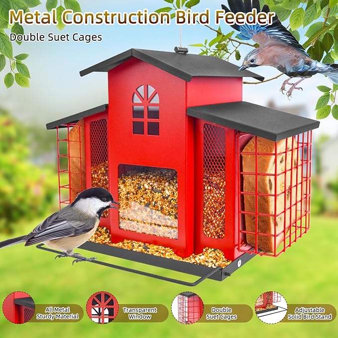 Large Bird Feeders for Outdoors Hanging,Metal Bird Feeder with Double Suet Cage Cake,Sturdy & Weatherproof,Easy to Clean & Refill,4.6Lbs Large Capacity, Great for Attracting Wild Birds,Red