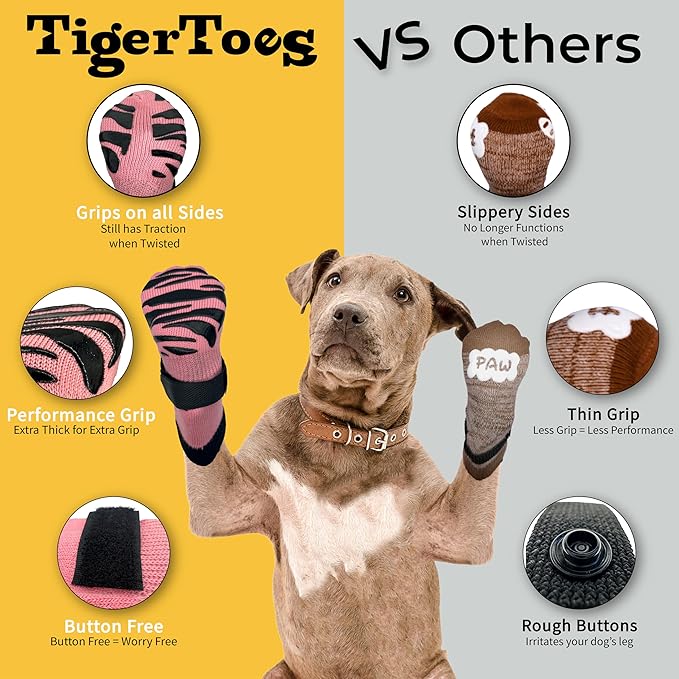 DOK TigerToes Premium Non-Slip Dog Socks for Hardwood Floors - Extra-Thick Grip That Works Even When Twisted - Prevents Licking, Slipping, and Great for Dog Paw Protection (Sassy Pink, X-Large)