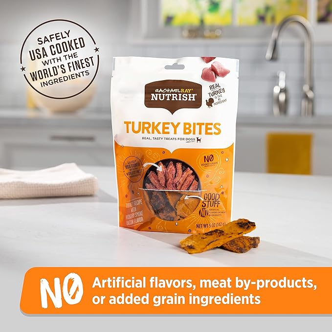 Rachael Ray Nutrish Turkey Bites Real Meat Grain Free Dog Treats, Turkey Recipe with Hickory Smoked Bacon Flavor, 5 Ounces (Pack of 5) Packaging May Vary