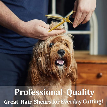 7" Professional Curved Thinning Scissors for Dog Grooming Sharp Blades Blending Shears Dog Grooming Scissors Japan 440C Stainless Steel Smooth Motion & Fine Cutting(Gold)