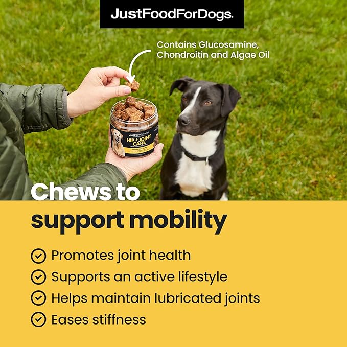 JustFoodForDogs Hip + Joint Soft Chews Mobility Supplement for Dogs with Glucosamine and Chondroitin, Superfood Blend, Human Grade, Plant-Based - 45 Count