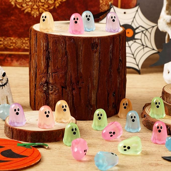 56 Pcs Luminous Mini Ghosts,Halloween Tiny Resin Ghosts Figures Glow in The Dark mini Ghosts Miniature Statue for Plant Pot Landscape Lawn Landscape Home Party Decor