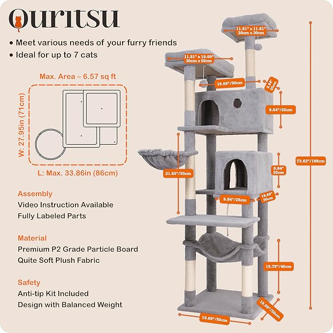 Ouritsu Cat Tree, 73.6 inch Tall Cat Climbing Tower for Large Cat Indoor with 2 Large Condos, 2 Widened Perches, Sisal Covered Scratching Posts, 2 Hammocks, Light Gray, XLF001GA
