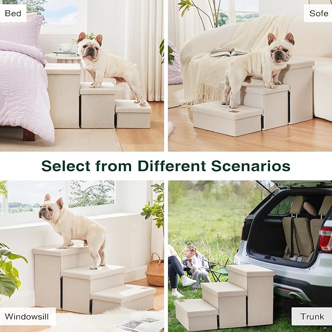 Love's cabin Dog Stairs for High Bed 18" H,Foldable Pet Stairs for Small Medium or Large Dogs Puppy with Storage for Bed or Couch, Cat Dog Steps Ramp with Zip up to 210 lbs(Beige,3 Steps no Condo)