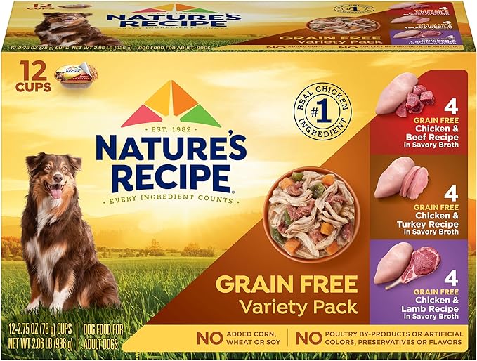 Nature_ Recipe Grain Free Chicken & Beef Recipe, Chicken & Turkey Recipe and Chicken & Lamb Recipe in Savory Broth Variety Pack Wet Dog Food, 12-2.75 oz. Cups, 2 Count