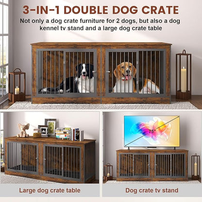 75 Inch Dog Crate Furniture, 3-in-1 Large Double Dog Crate with Trays and Divider, Doubled Dog Kennel Furniture Indoor, Dog Crate TV Stand for 2 Dogs (Brown)