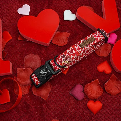 Elegant little tail Valentine's Day Dog Collar-Cute Red Heart Dog Collar for Small Dogs, Female or Male Adjustable Cotton Pet Collar with Quick Release Buckle for Small Medium Large Dogs