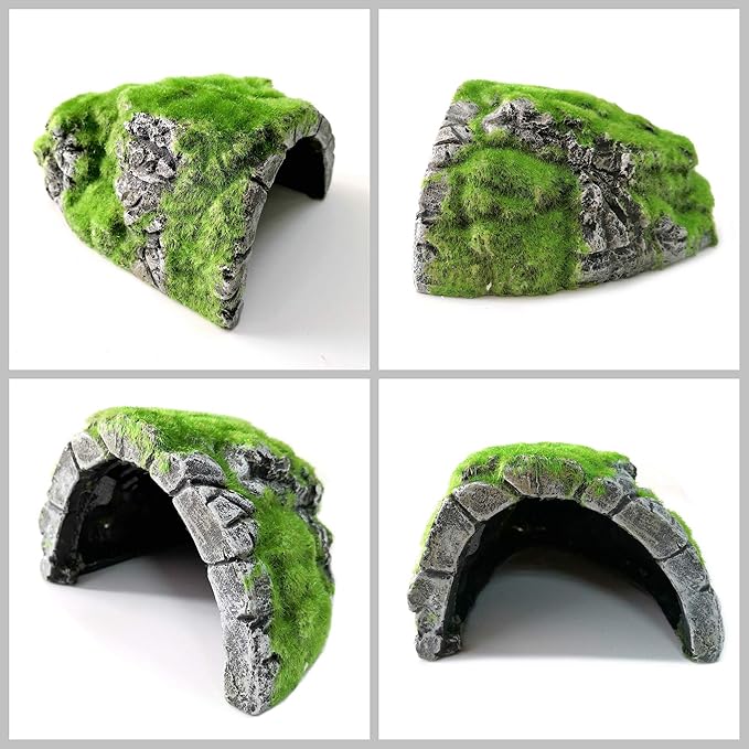 M2cbridge Aquarium Decorations Fish Hideout House Betta Cave with Green Lifelike Moss (Betta Rock Cave)