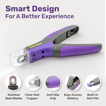 Hertzko Dog Nail Clippers with LED Light for Large & Medium Dogs - Violet Cat Nail Clipper with Replacement Blade & Nail File, Purple Nail Clippers for Dogs, Grooming Paw Pads, Circular Blade