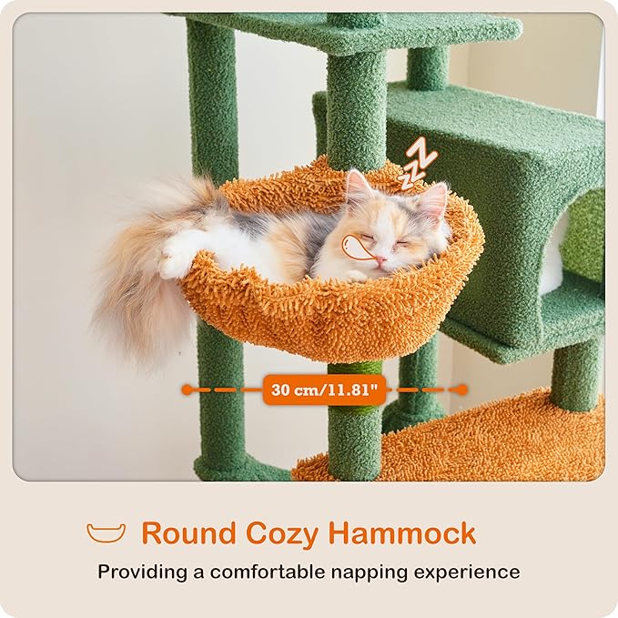 Ouritsu Cat Tree, 73.6 inch Tall Cat Climbing Tower for Large Cat Indoor with 2 Large Condos, 2 Widened Perches, Sisal Covered Scratching Posts, 2 Hammocks, Cactus Green, XLF001GB