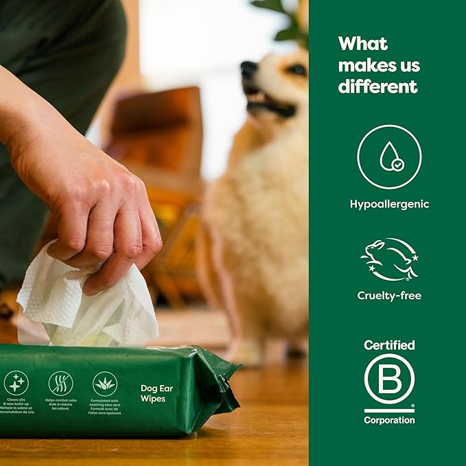 Earth Rated Vet-Developed Pet Ear Wipes, Hypoallergenic Cleaner for Dogs & Cats Ears to Remove Dirt and Wax Build Up, Wild Oat Scent, 70 Count