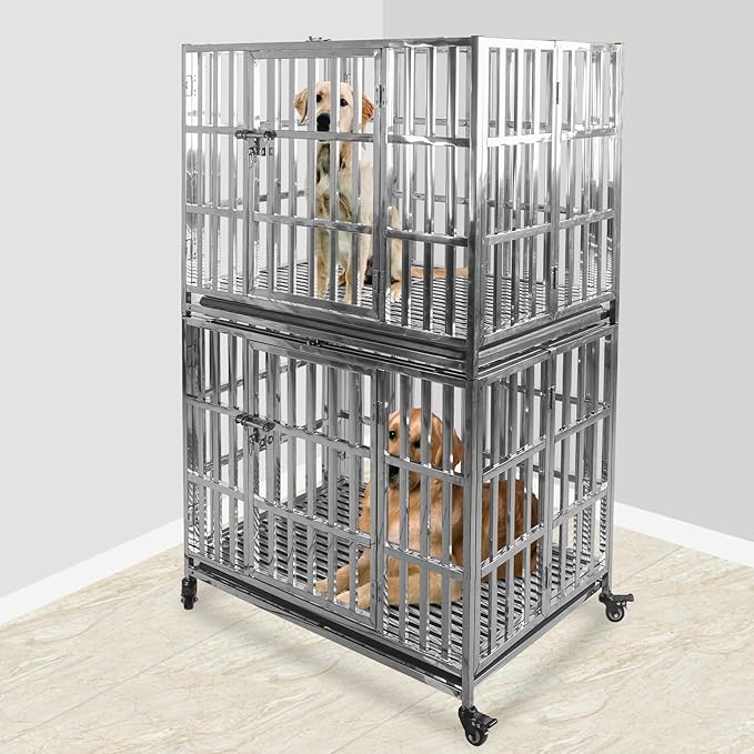 37" Heavy Duty Pet Kennel Stackable Stainless Steel Dog Crate Foldable Indestructible Dog Cage Playpen with Lockable Rolling Wheels, Double Door and Removable Tray for Small and Medium Dogs