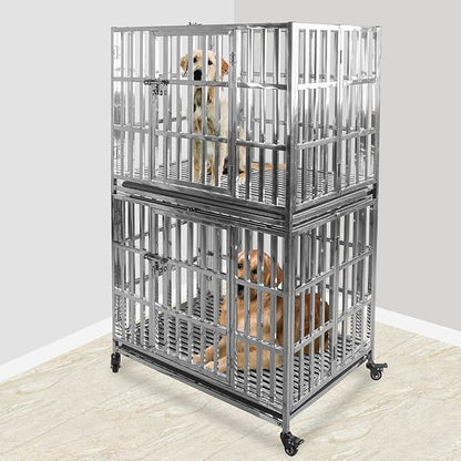37" Heavy Duty Pet Kennel Stackable Stainless Steel Dog Crate Foldable Indestructible Dog Cage Playpen with Lockable Rolling Wheels, Double Door and Removable Tray for Small and Medium Dogs