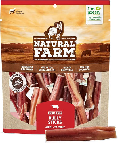 Natural Farm Odor Free Bully Sticks (4 Inch, 25 Pack) for Small & Medium Dogs - 100% Beef Chews for Pups, Non-GMO, Grain-Free, Fully Digestible Long Lasting Dog Treats