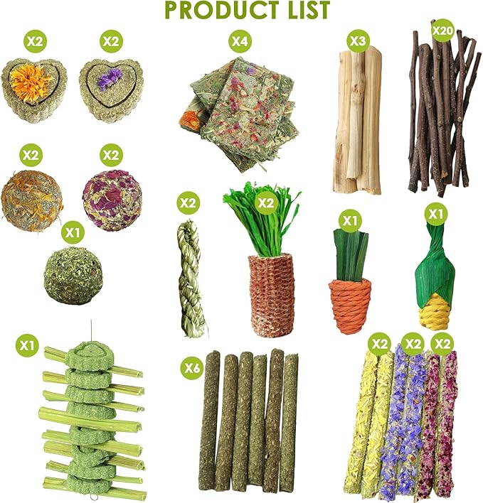 53pcs Rabbit Chew,Rabbit Enrichment Toys from Various Natural Ingredients Such as Apple Wood, Carrots, and Timothy Grass, Suitable for Small Pets Such as Hamsters Totor Guinea Pigs