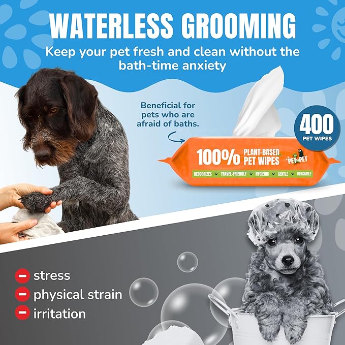 PET N PET 100% Plant Based Dog Wipes for Paws and Butt, 400 Counts Hypoallergenic Unscented Dog Pet Wipes, 8" x 8"