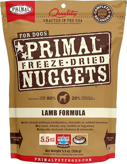 Primal Freeze Dried Raw Dog Food Nuggets, Lamb, Complete & Balanced Meal, Also Use as Topper or Treat, Premium, Healthy, Grain Free, High Protein Raw Dog Food, 5.5 oz