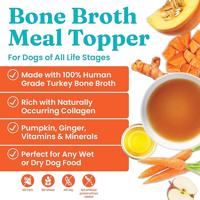 Solid Gold Turkey Bone Broth for Dogs - Grain Free Dog Food Topper Rich in Collagen and Superfoods - Nutrient Dense Dog Gravy Topper for Dry Food - Promotes Gut Health and Hydration - 12 Pack