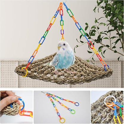 Bird Swing Toys,Bird Seagrass Mat Edible Hammock Parrot Lounger with Toys Handmade Woven Hanging Hammock for Lovebird Cockatiel Canary Parakeets Finch Budgie(2 Pcs)