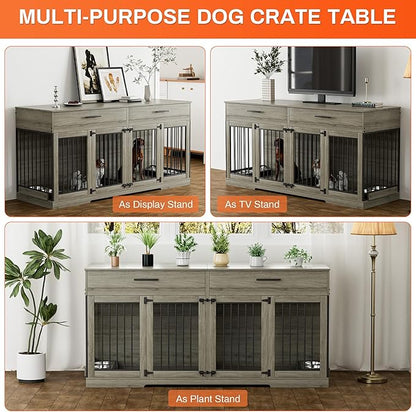 Rophefx 72" Dog Crate Furniture for 2 Dogs, Large Double Dog Kennel Indoor Furniture with 2 Storage Drawers and Removable Divider, Wooden Dog Cage with 4 Bowls, Dog House TV Stand for Medium Dog, Grey