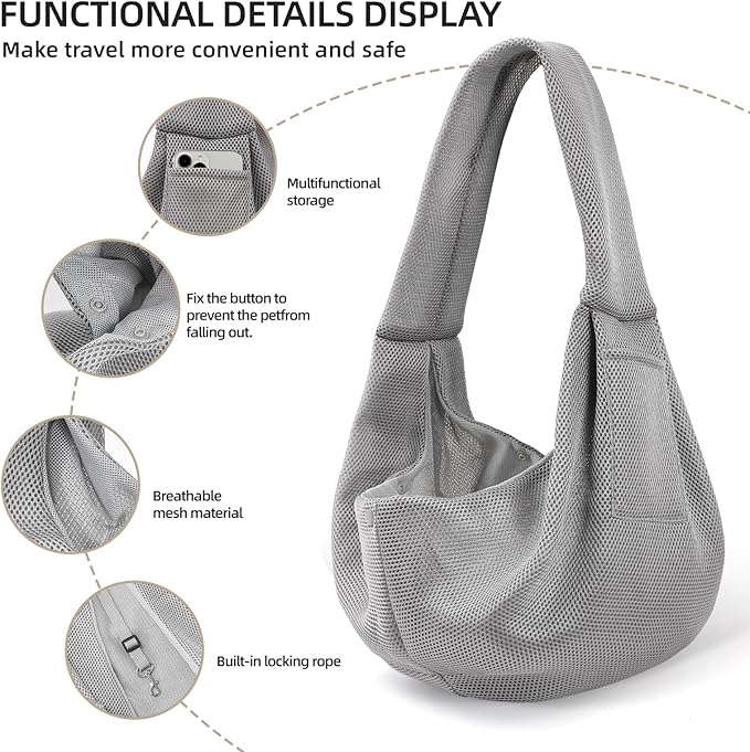 Dog Carrier Sling - Ultra Breathable Reversible Puppy Carrier Purse with Storage Pocket, Travel Safety Harness, Hand-Free Dog Sling Carrier for Carry Small Dogs and Cats, Dog and Cat Harness(Gray)