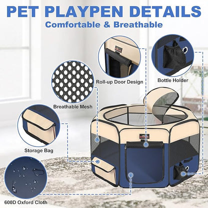 Aivituvin Dog Playpen, Foldable Pet Play Pens with Carrying Bag for Cat, Puppies, Rabbits, Portable Dog Tent Crates Cage for Travel Camping Indoor Outdoor, Removable Shade Cover, Blue S