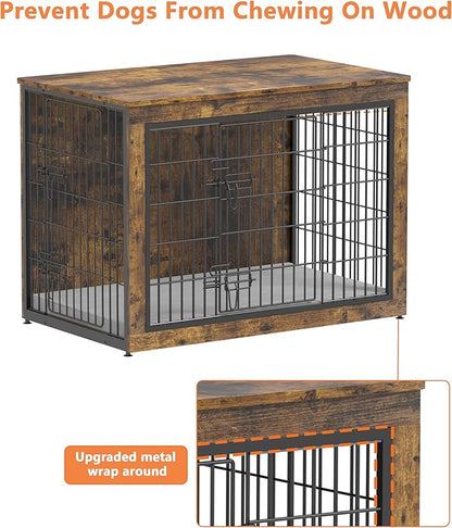 Piskyet Dog Crate Furniture with Cushion,Heavy-Duty Reinforced Metal Mesh,27" Wooden Dog Crate End Table with Double Doors,Indoor Dog Kennel,Dog Cage Side Table for Small Breed,Rustic Brown