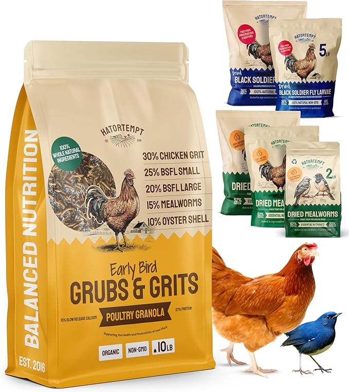 10lb Grubs & Grits Organic Chicken Feed - 3 Grub Blend with Oyster Shells & Grits - Dried Mealworms for Chickens Plus Large & Small Black Soldier Fly Larvae - Food Designed for Foraging