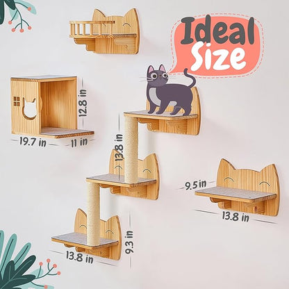 IDAE Cat Wall Shelves – 9-Piece Wooden Wall-Mounted Cat Furniture Set with Condo, Scratcher & Steps – for Large Indoor Cats – Natural Wood